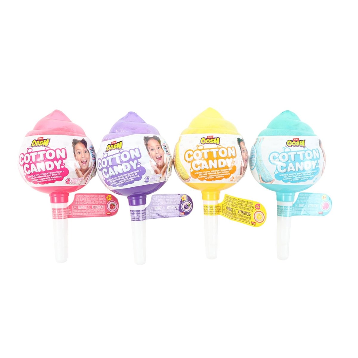 Stretchy cotton candy toys, four colors (pink, purple, yellow, teal), Oosh labels