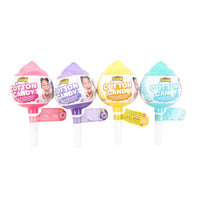 Stretchy cotton candy toys, four colors (pink, purple, yellow, teal), Oosh labels