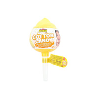 Stretchy cotton candy toy, yellow, with printed Oosh Cotton Candy label