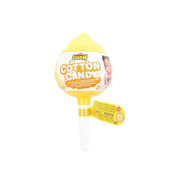 Stretchy cotton candy toy, yellow, with printed Oosh Cotton Candy label