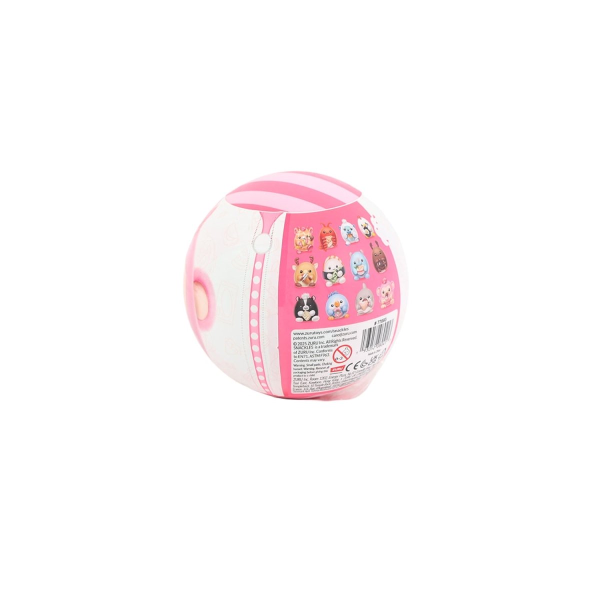 Snackles capsule toy ball with side label graphics, pink stripes and printed icons