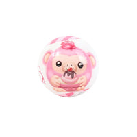 Snackles capsule toy ball with smiling bear figure and pink face, pink and white