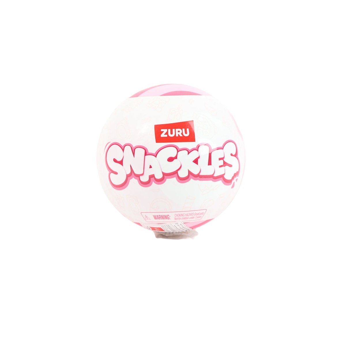 Snackles capsule toy ball with ZURU SNACKLES logo, pink and white