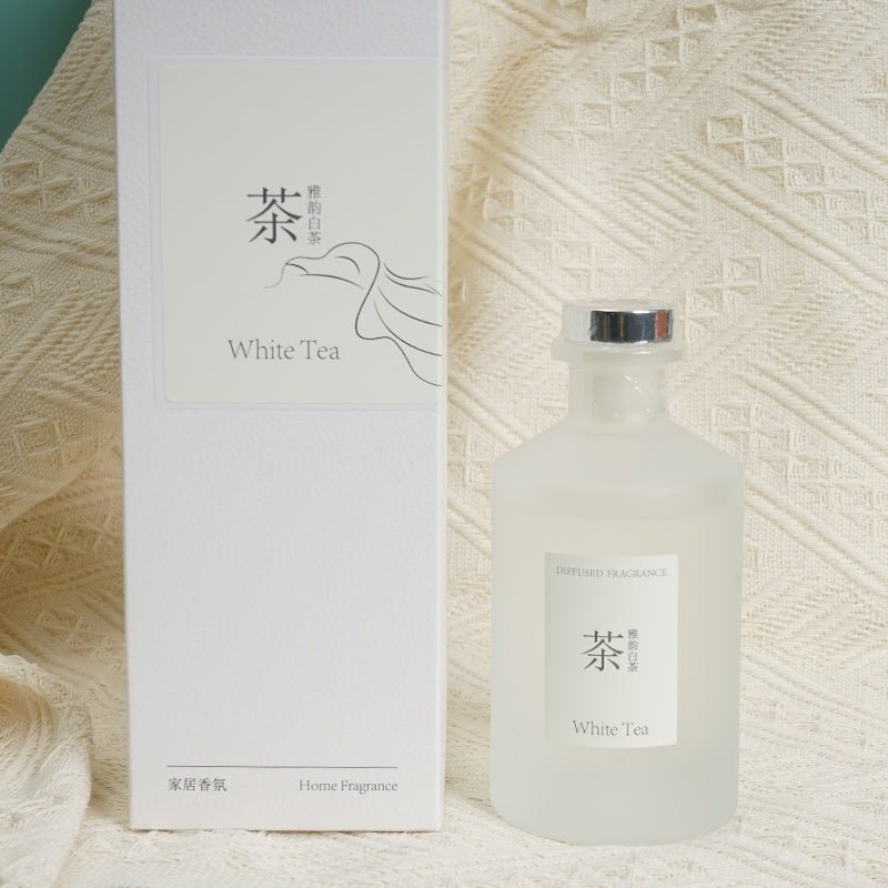 White tea home fragrance reed diffuser bottle with silver cap and printed label